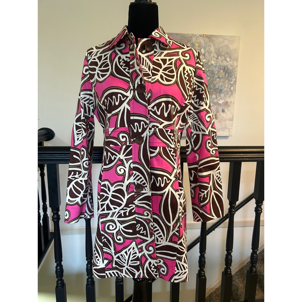 FL Malik Women Pink Brown Abstract Floral Trench Coat Jacket Size M Cotton Blend